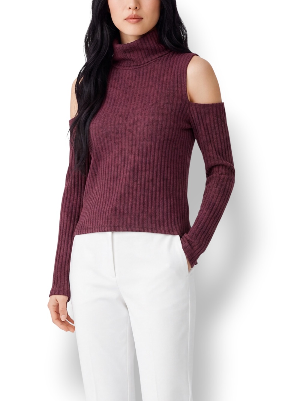 4/$20 NYC Burgundy Ribbed Cold Shoulder Turtleneck High Low Top XL